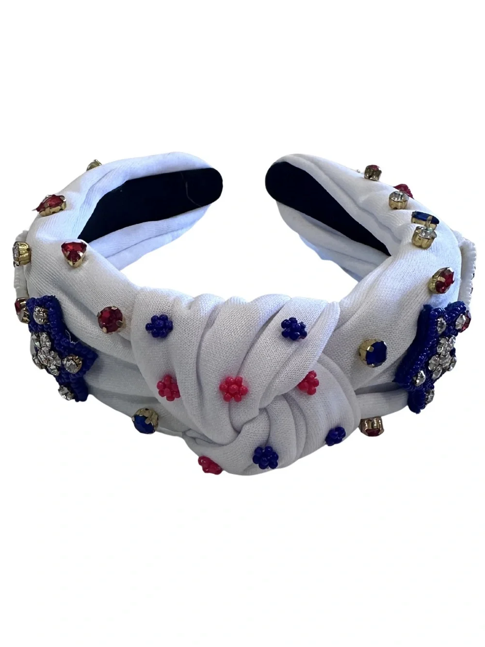 Patriotic Beaded Knot Headbands Set of Two Red White Blue Gold USA America Stars